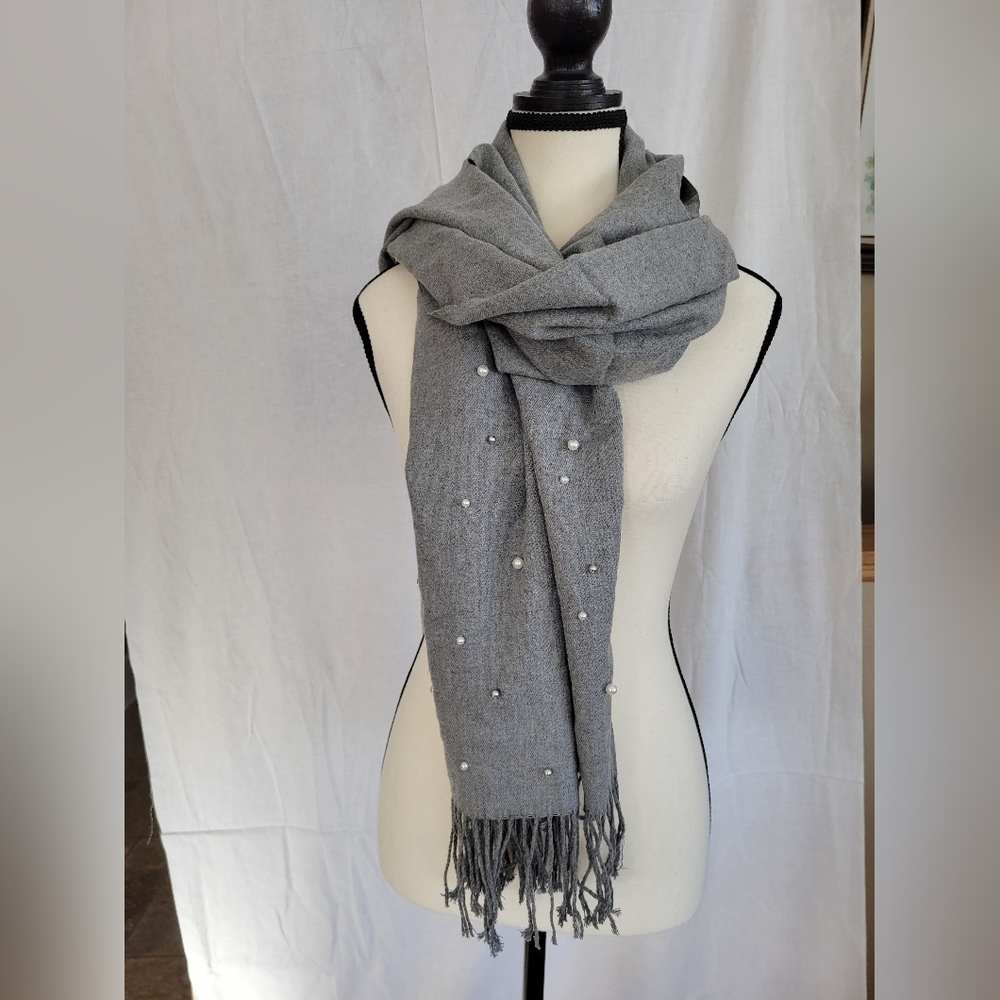 Unbranded grey pearl embellished fringe pashmina scarf OS